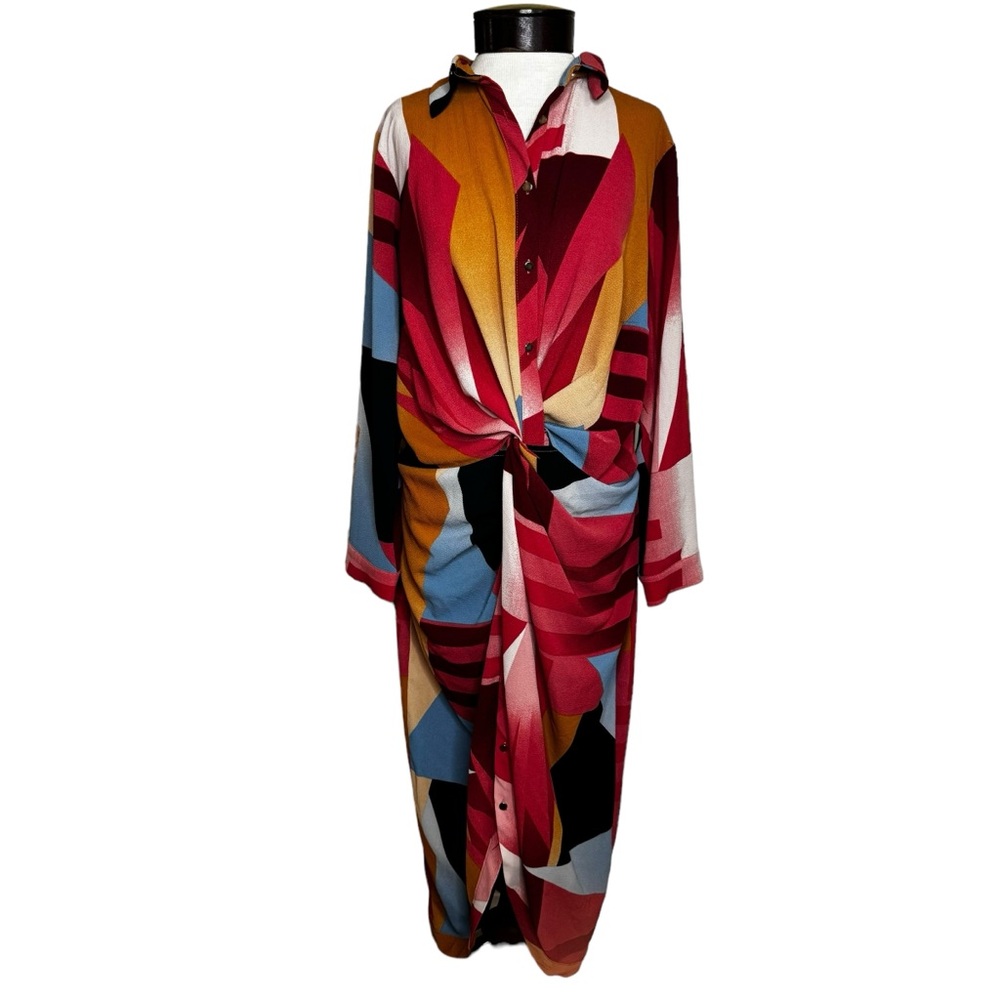 City Chic Flattering Brown Geometric Tulip Hem Knot Detail Dress size 16